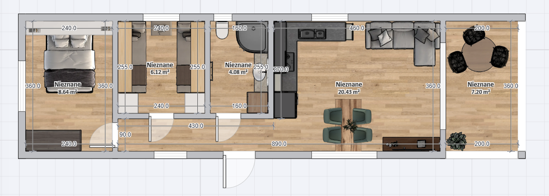 Domek Mobilny PEGASUS 4.5 m x 14m - Wariant T - Plan z Wymiarami